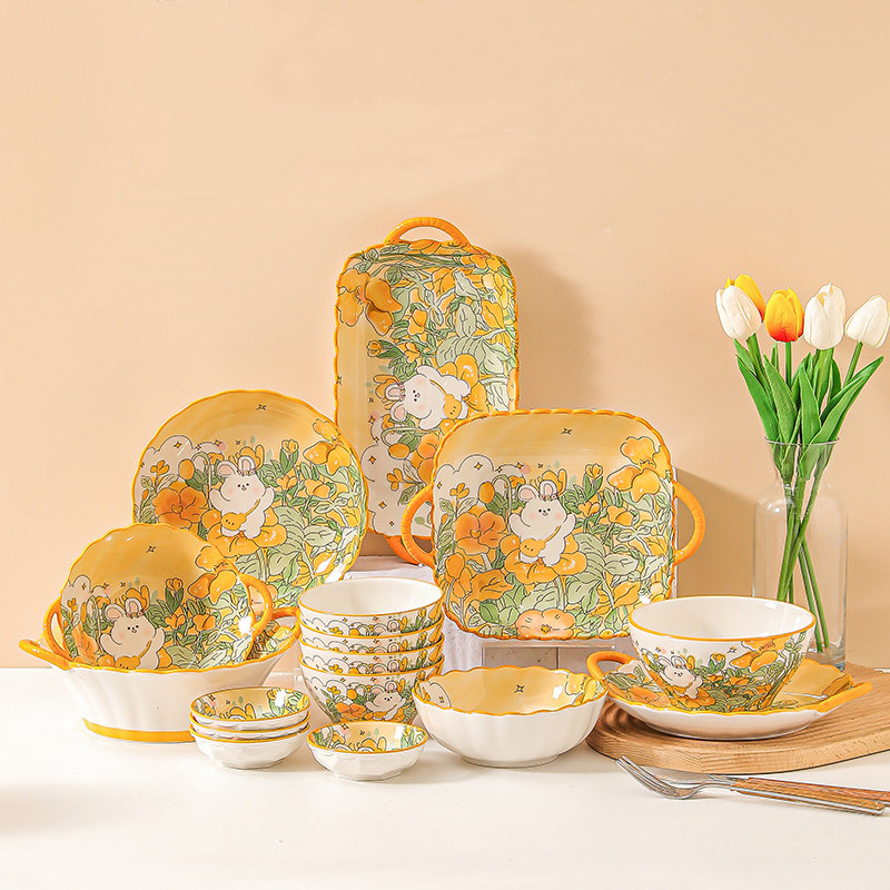 陶瓷碗碟套装家用乔迁碗盘筷勺餐具组合釉下彩可爱亲子儿童仪式感