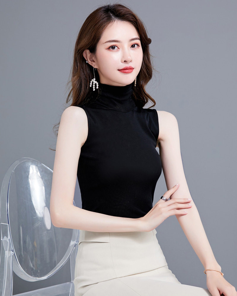 纯色无袖高领修身网纱背心打底衫女2026春夏新款紧身黑色t恤上衣