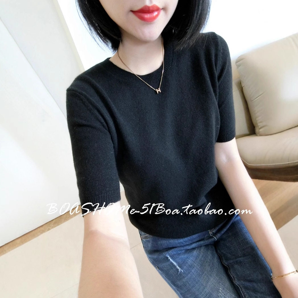新款圆领套头羊毛短袖毛衣女宽松韩版半袖针织打底衫