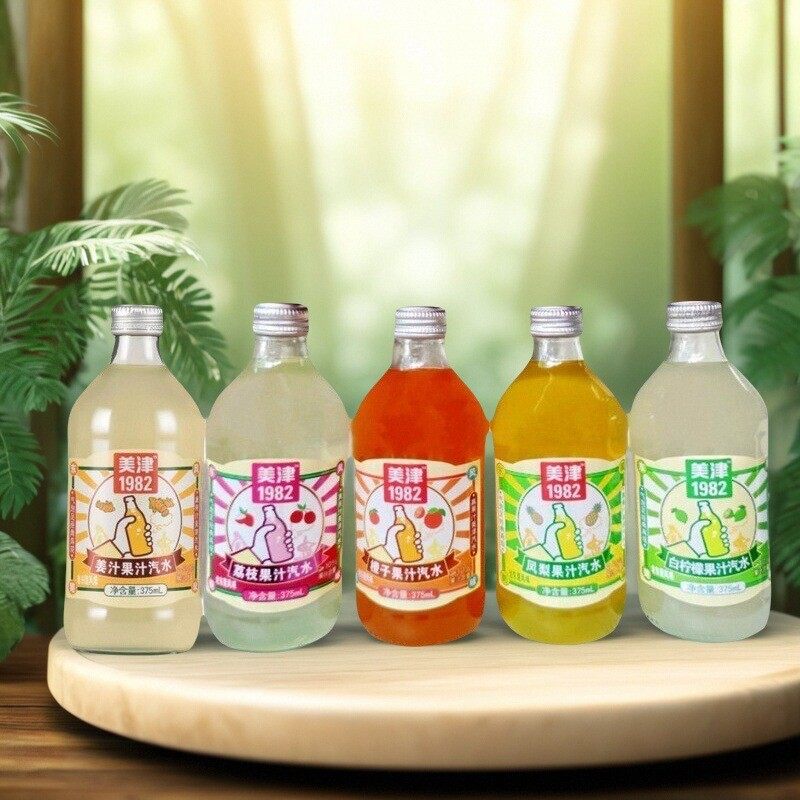 美津1982橙子荔枝白柠姜汁凤梨果汁汽水玻璃瓶375ml*20瓶