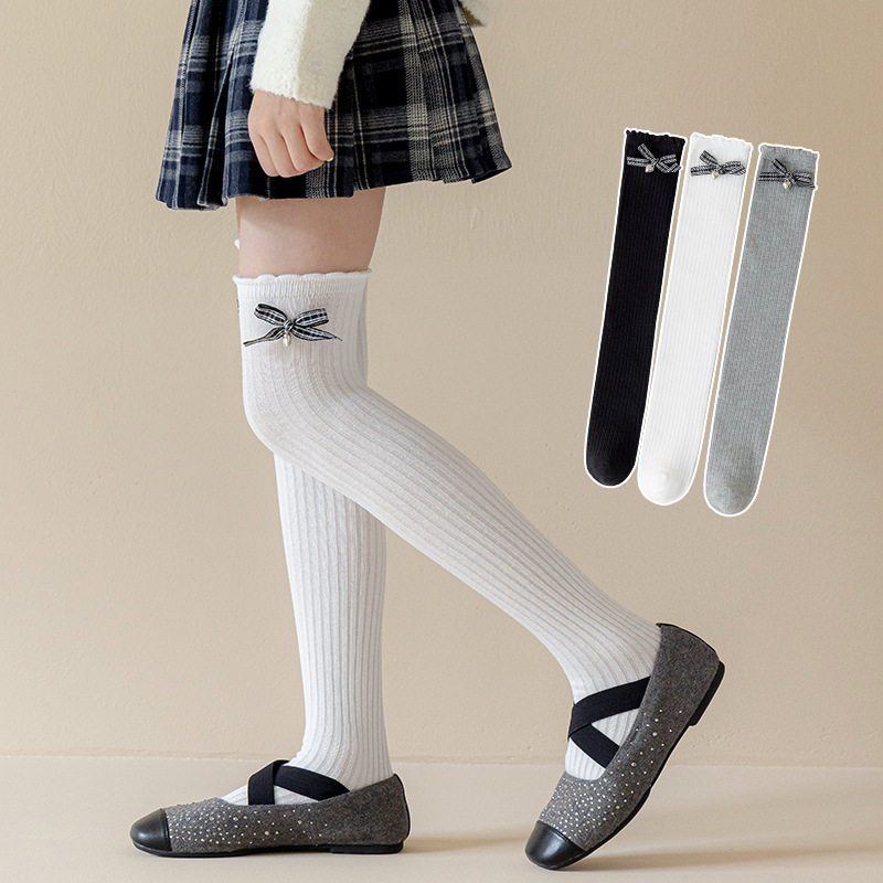 女童袜子春秋季儿童韩版花边过膝袜中小学生女孩洋气蝴蝶结长筒袜