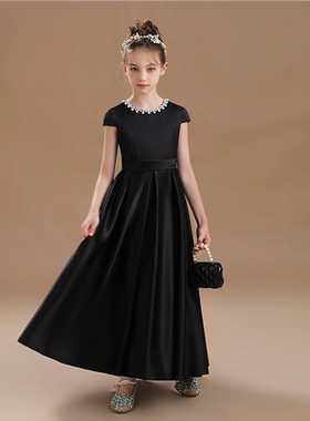 女童黑色缎面白色珍珠领口钢琴礼服演奏服儿童管弦乐团半袖演出服