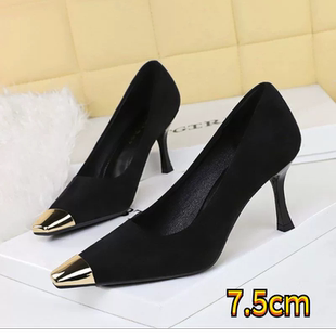 夏季爆款欧美浅口高跟鞋小方头绒面鞋细跟气质高跟尖头单皮鞋