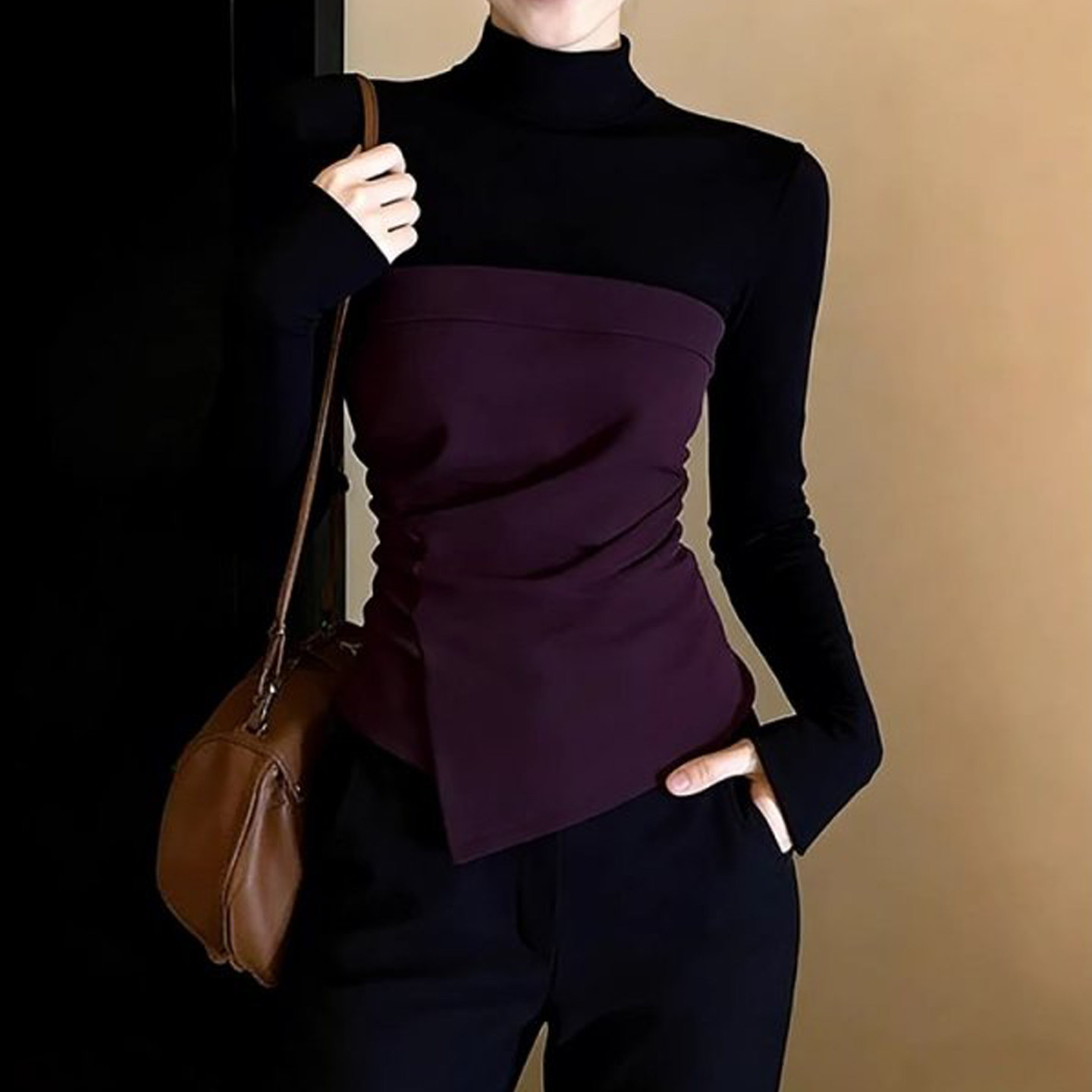 韩版时尚气质设计感小众撞色拼接长袖T恤女2026新款秋冬修身上衣