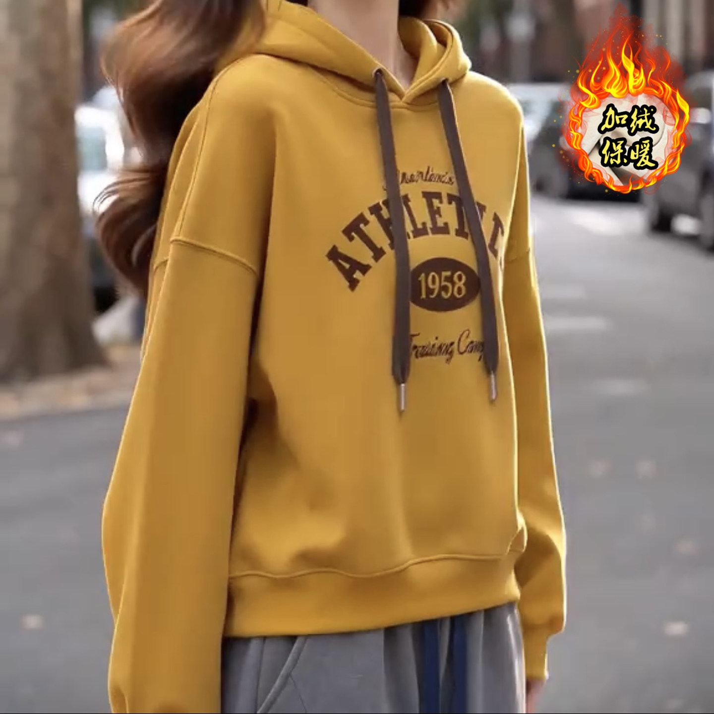 韩版复古字母连帽加绒卫衣女2026秋冬新款百搭抽绳宽松休闲上衣