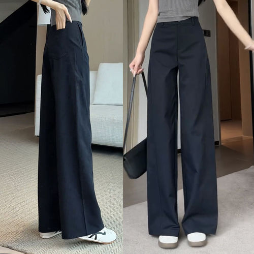 时尚藏青色休闲阔腿裤女春夏季2026新款薄款舒适松弛感显瘦直筒裤
