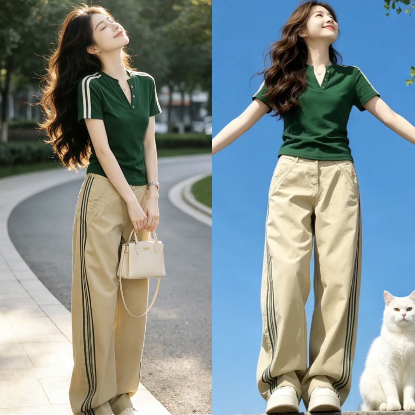 时尚休闲套装女2026夏季款V领短袖侧条纹上衣显瘦阔腿裤两件套潮