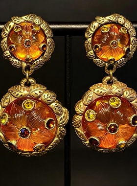 中古风复古宫廷风重工橙色琉璃高级感耳钉耳环不退不换白嫖自重