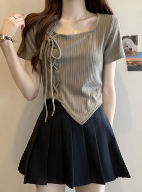 夏季绑带上衣短裙两件套女不规则抽绳短袖t恤女+高腰百褶裙套女秋