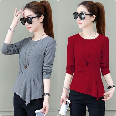 不规则t恤女春夏秋冬百搭长袖收腰显瘦褶皱打底衫洋气减龄上衣潮T