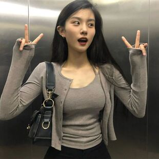 网红短款外套+吊带小背心两件套2023春秋新款潮流休息学生套装