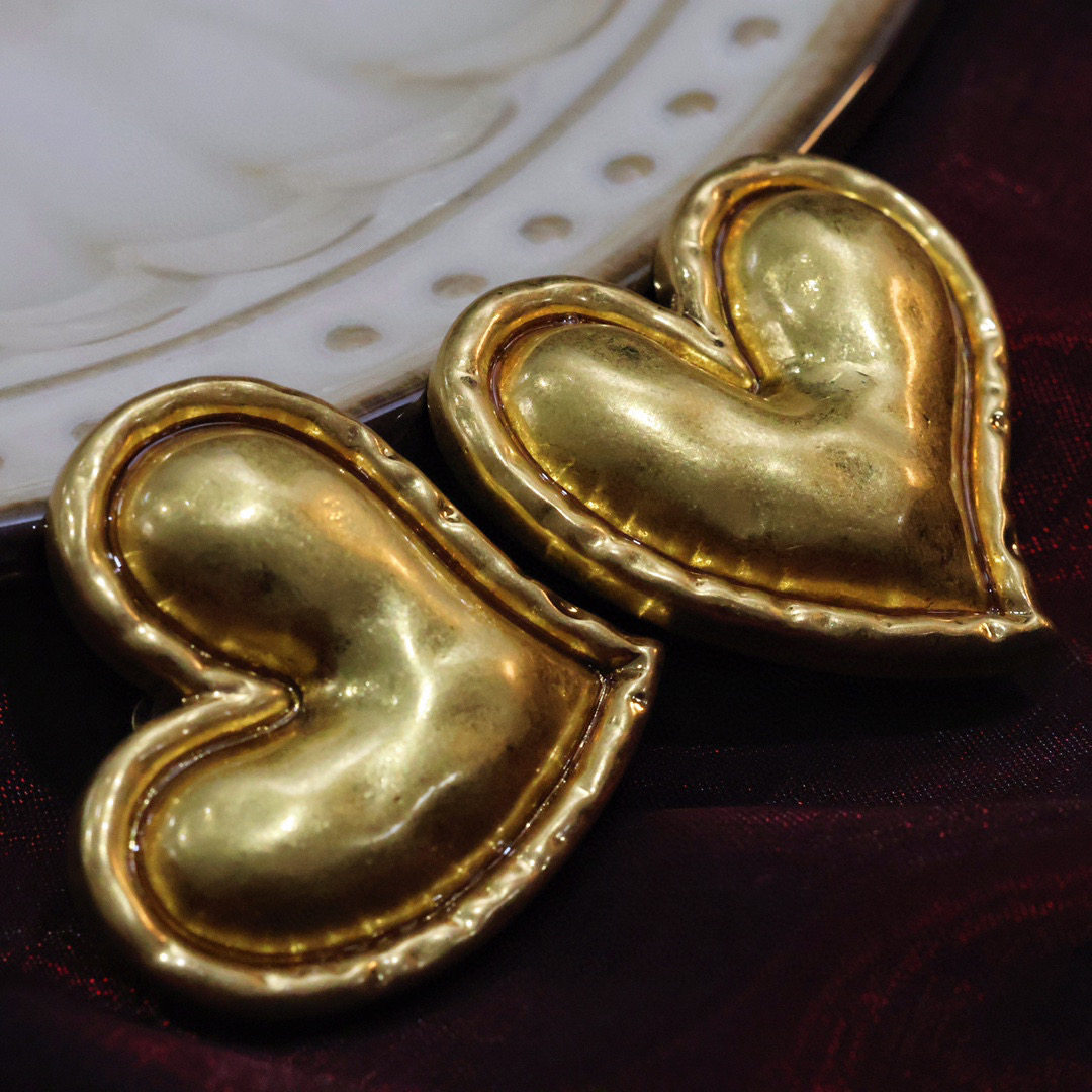 yuwelry法产拉夸欧美vintage中古素金复古爱心耳夹耳环