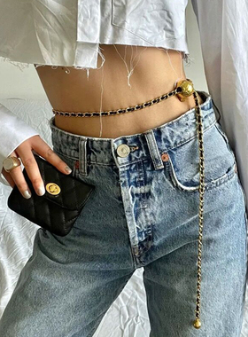yuwelry欧美vintage中古皮质编织链条素金拉伸腰链配饰女百搭腰带