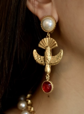 yuwelry欧美法式小众vintage中古琉璃珍珠吊坠白鸽复古耳夹耳环