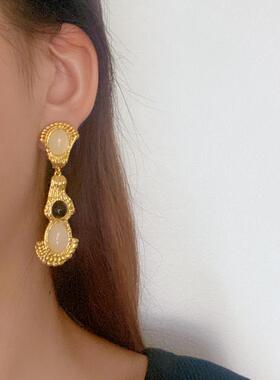 yuwelry欧美vintage中古天然玛瑙琉璃黄铜镀金耳夹耳环