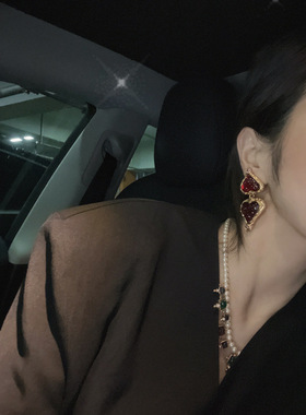 yuwelry欧美vintage中古宫廷双爱心琉璃黄铜镀金吊坠耳夹耳环