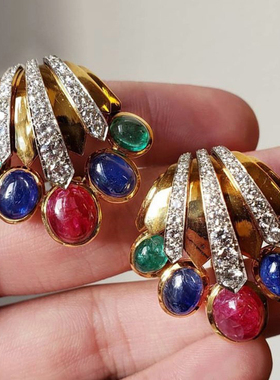 yuwelry欧美法式小众中古扇贝形琉璃锆石复古轻奢气质耳钉耳环