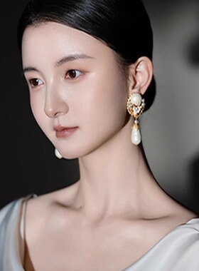 yuwelry欧美vintage中古铜镀真金宫廷风花朵珍珠西洋古董耳环耳钉