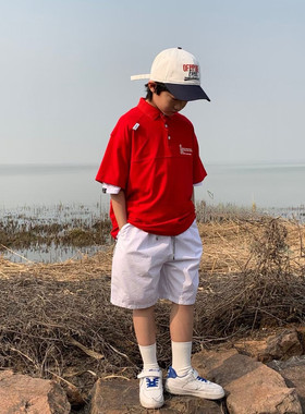 猫王家红色POLO衫男夏季日系宽松短袖T恤港风潮牌潮流百搭上衣服