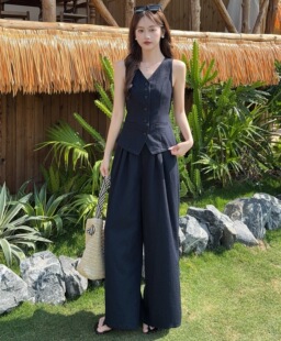 高级感套装女2026夏季新款港风辣妹时尚洋气上衣马甲阔腿裤两件套