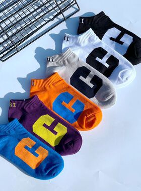 紫色潮ins男女袜子大C字母船街头蓝色嘻哈运动黑白个性百搭短棉袜