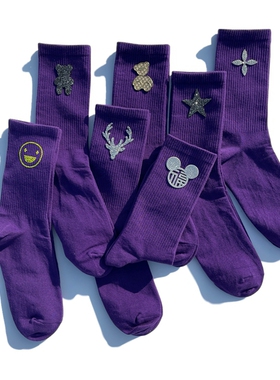 2双紫色纯色男女中筒袜子 黑白百搭个性创意饰品欧美简约长棉袜潮