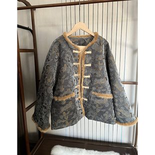 水貂毛领双面穿雪呢绒提花新中式国风棉服 轻薄型棉袄短款上衣女
