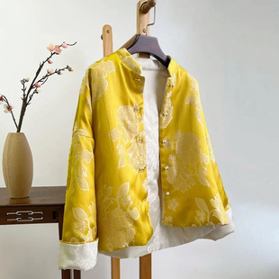 新中式国风气质高级感黄色棉衣宋锦提花外套国风双面穿夹棉服袄女