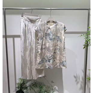 100%人丝刻花水墨山水画立领飞飞袖奥黛上衣 新中式国风中长款