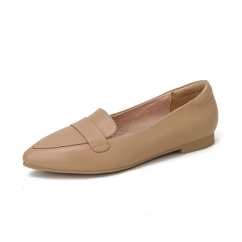 HUOGEN超软平底女鞋2025新款尖头一脚蹬外贸真皮单鞋女工作小皮鞋