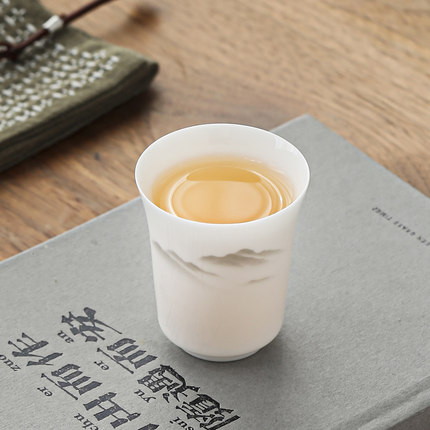 80ml羊脂玉白瓷薄胎聚香杯品香杯绿茶茶杯单杯水墨山水主人杯家用