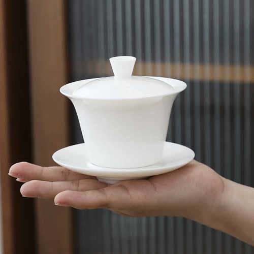高档羊脂玉瓷家用泡茶三才盖碗