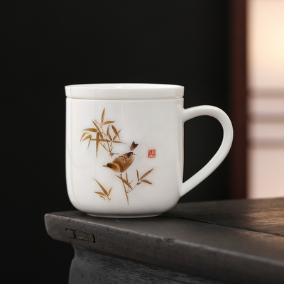 380ml陶瓷水杯家用带盖喝水杯子