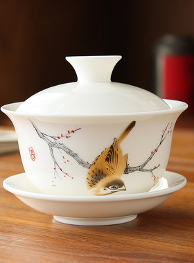 大号泡茶大盖碗花鸟图案北方茶碗