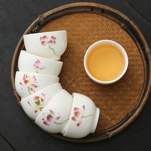 110ml大号主人杯6个装荷花普洱黑茶大号茶杯羊脂玉白瓷家用百福杯