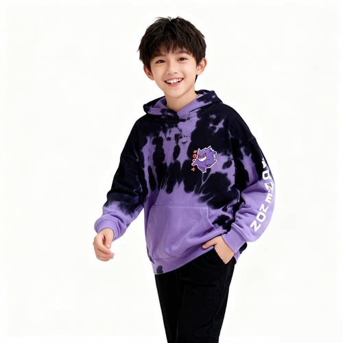 HM圣诞节主题可爱小精灵扎染连帽加薄拉绒中大童儿童套头长袖卫衣