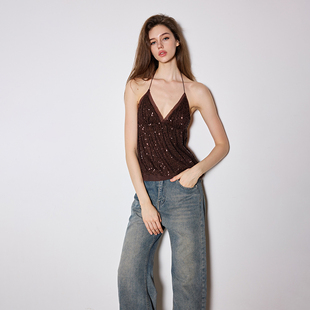 Kilonova欧美气质咖啡色闪闪露背吊带背心新款性感辣妹修身上衣女