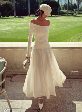 Kilonova纯色高腰蓬蓬白色半身裙时尚垂感气质百搭褶皱宽摆长中裙