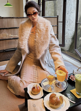 Kilonova名媛气质卡色皮草毛毛领系带毛呢大衣高级感保暖长款外套