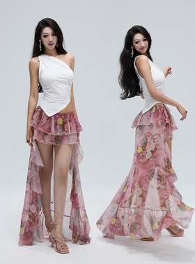 Kilonova欧美性感花卉不规则半身裙女设计感辣妹双层拼接拖尾长裙
