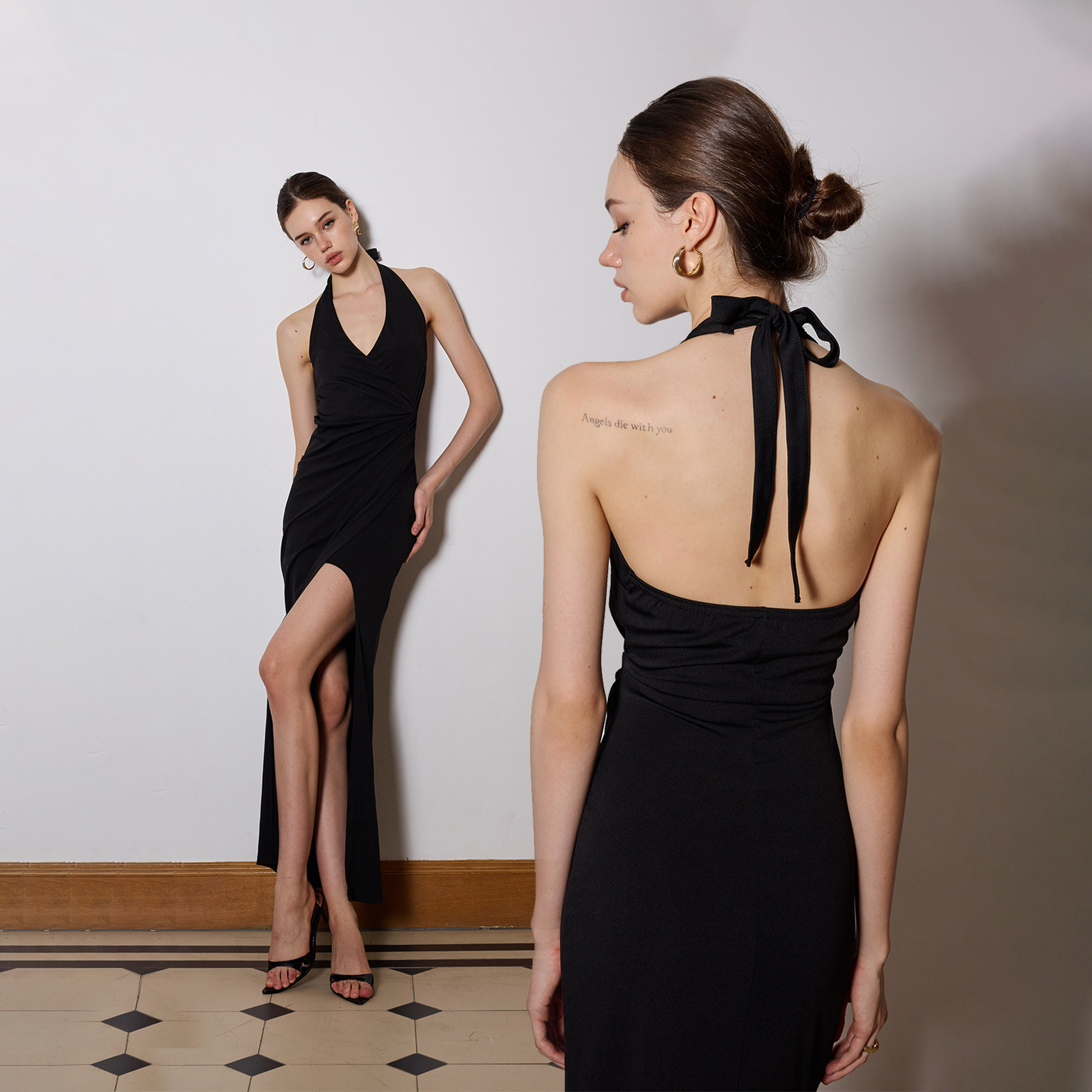 Kilonova挂脖绑带V领开叉连衣裙