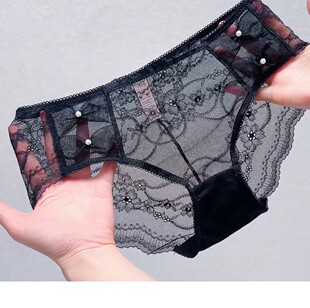 辣妹镂空包臀女士内裤 蕾丝薄款 黑色 新款 网纱花边透气舒适三角内裤