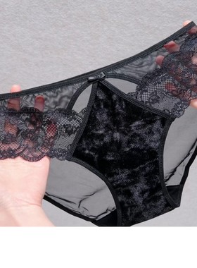 时髦红色性感蕾丝少女士内裤诱惑御姐三角裤网纱欧美复古丝绒黑色