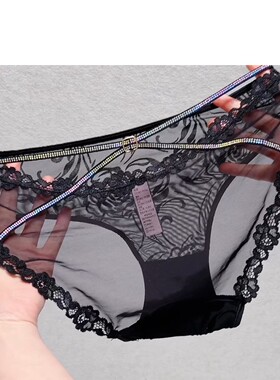 镂空透明诱惑网纱三角裤性感黑色蕾丝内裤女烫钻纯欲风绿色蓝色