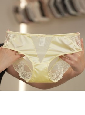 浅黄色丝滑性感蕾丝内裤女镂空三角裤夏季薄款透明镂空无痕女内裤