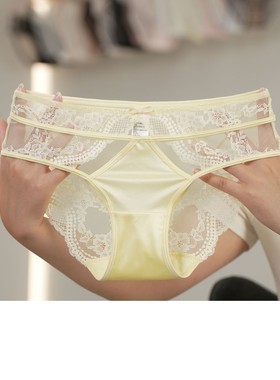 黄色内裤女士显腰透气轻奢透明软纱法式性感火辣镂空蕾丝三角裤