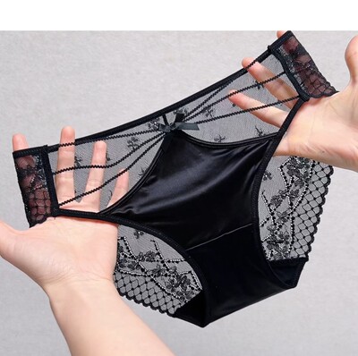 法式女士蝴蝶结低腰透气紫色少女三角裤头缎面纯欲风性感蕾丝内裤