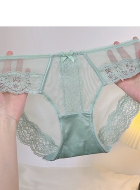新款绿色中低腰高开三角裤网纱透气法式纯欲性感蕾丝女士内裤短裤