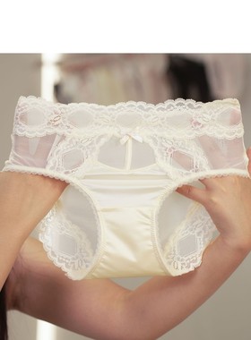 新款高腰性感蕾丝款蝴蝶结透气网纱黑色女士内裤法式高级缎面少女