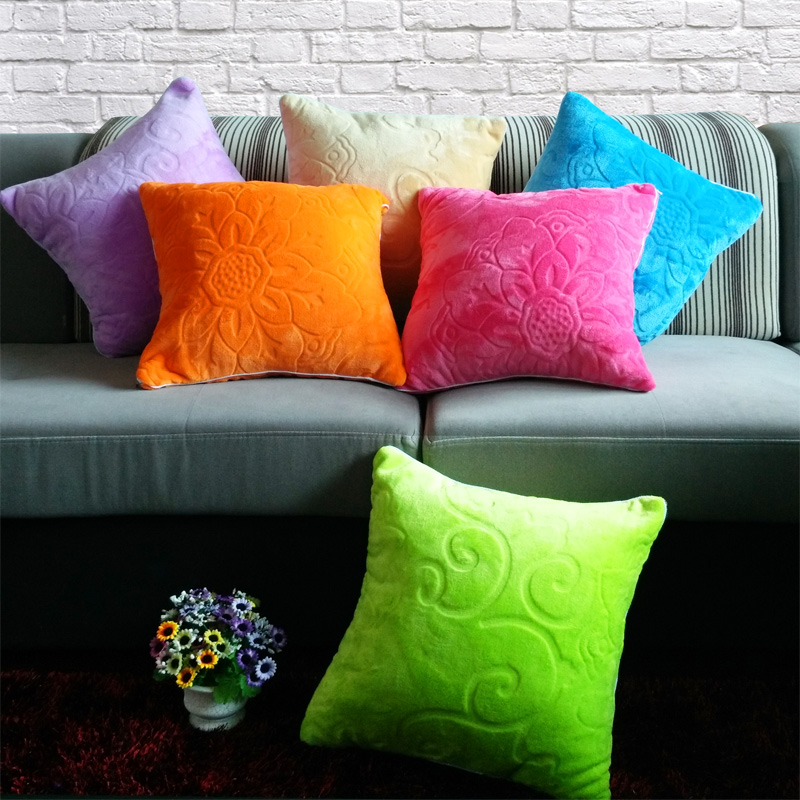 法兰绒方形靠垫抱枕套冬办公室沙发腰靠枕含芯纯色珊瑚绒枕头单个